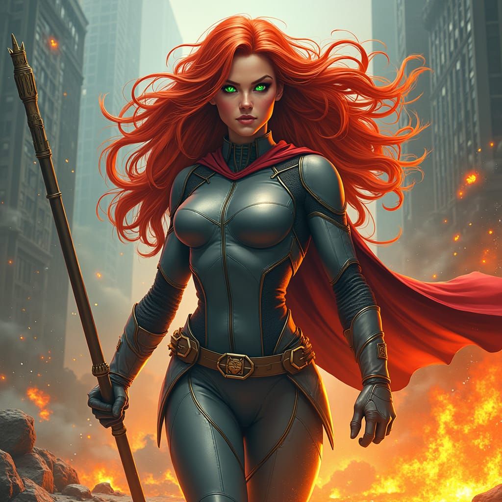 Elemental Superheroine Wielding Polearm in Comic Book Style