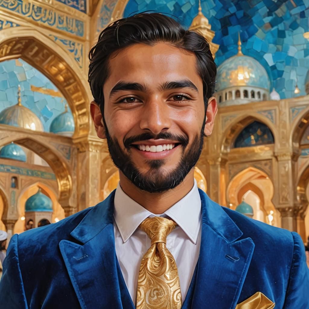 Handsome Man in Blue Velvet Suit in Mosque