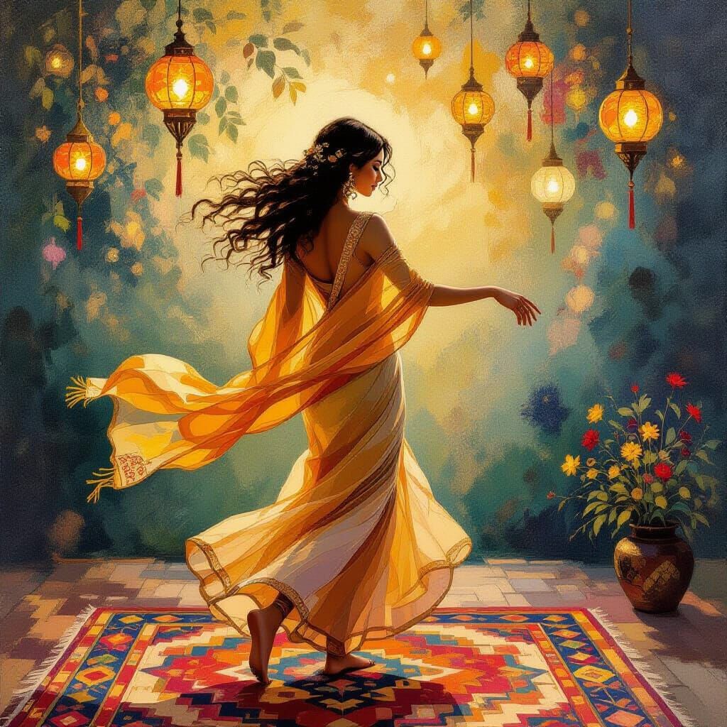 Marigold Dances in Amber Shawl, Impressionistic Oil Painting