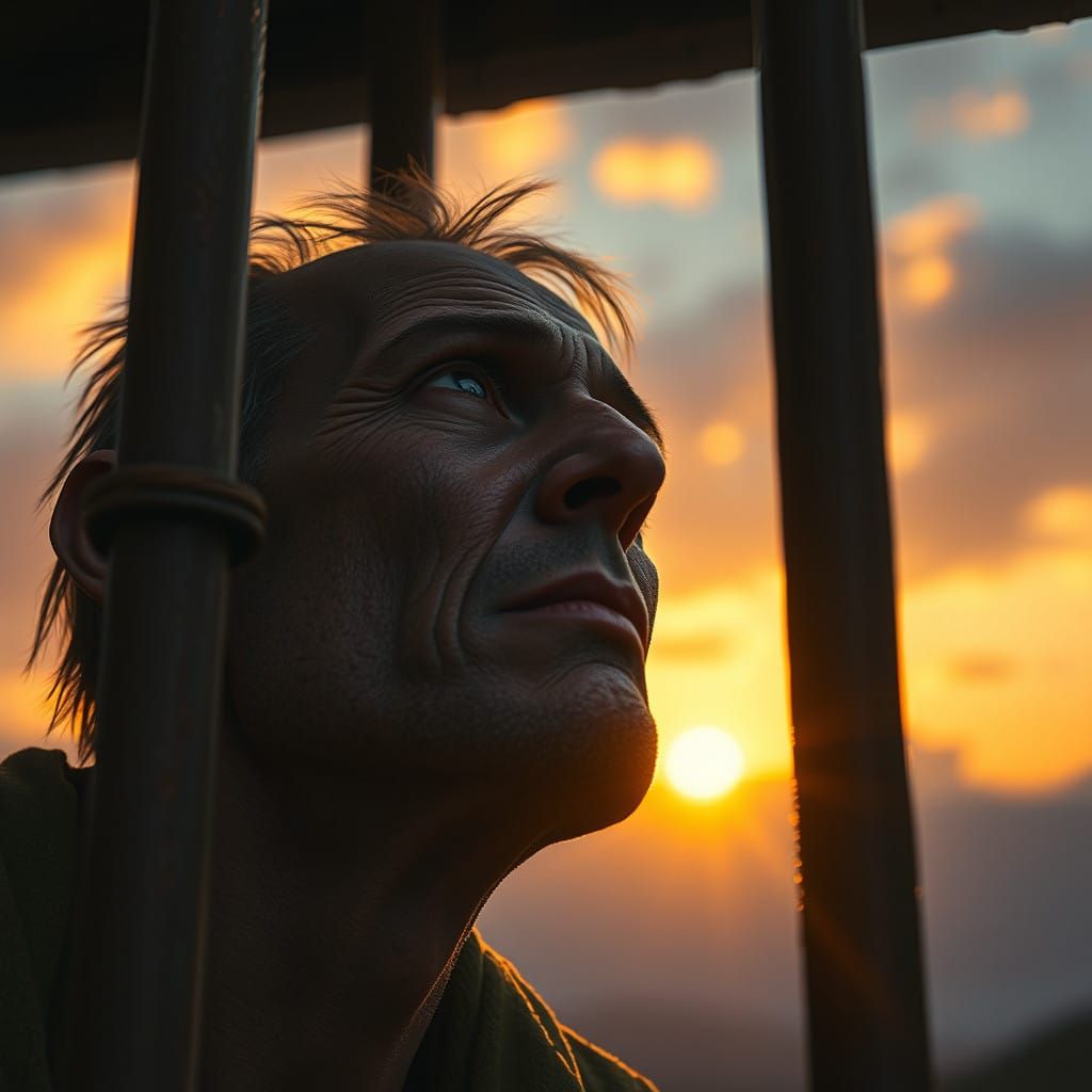 Prisoner Gazing at Sunset Through Rusty Bars