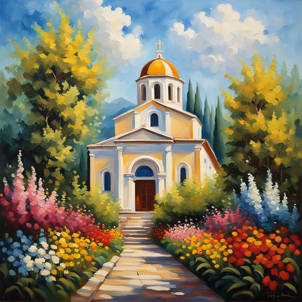 Picturesque Greek Church in Lush Garden, Oil Painting
