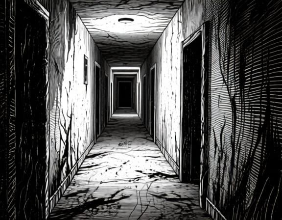 OSR Style Black And White Corridor Liminal Space Illustratio...