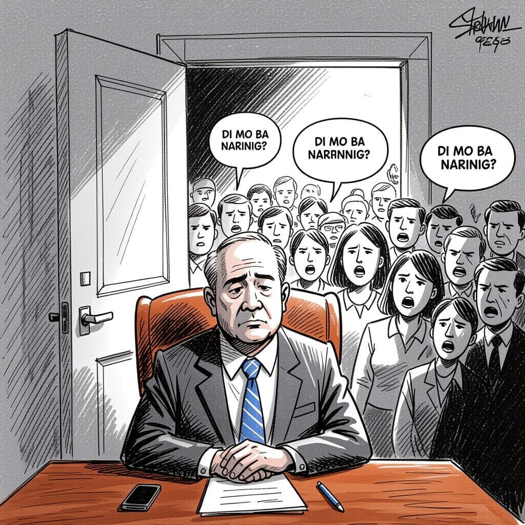 Politician Ignores Protesting Crowd in Pencil Sketch