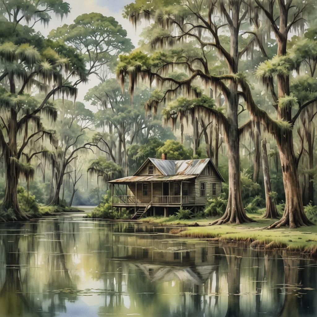 Serene Louisiana Bayou Scene in Watercolor Style
