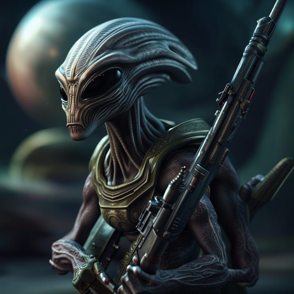 Alien with Musket in Detailed Cel-Shaded Style