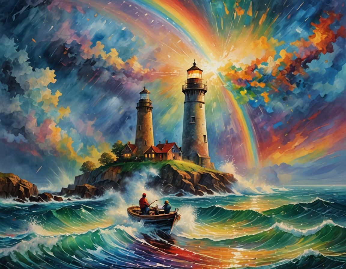 Lighthouse Rainbow Abstract Art in Pointillism Style
