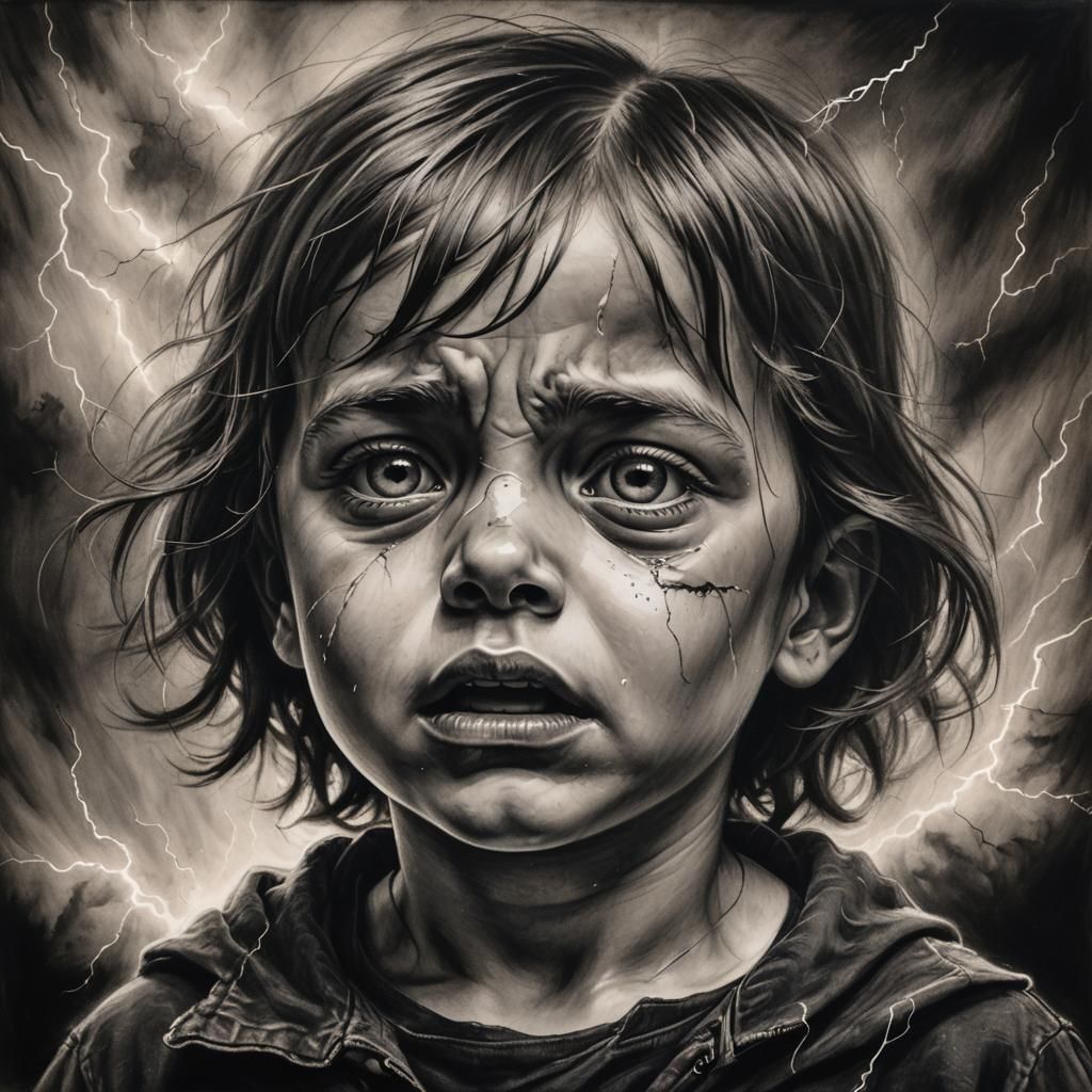 Haunting Charcoal Portrait: Crying Child with Contrasting Ha...