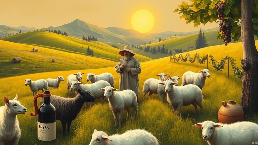 Pastoral Shepherd Scene with Sheep and Grapevines