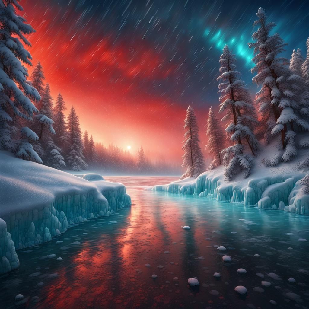 Frozen Baltic Sea with Northern Lights in Winter