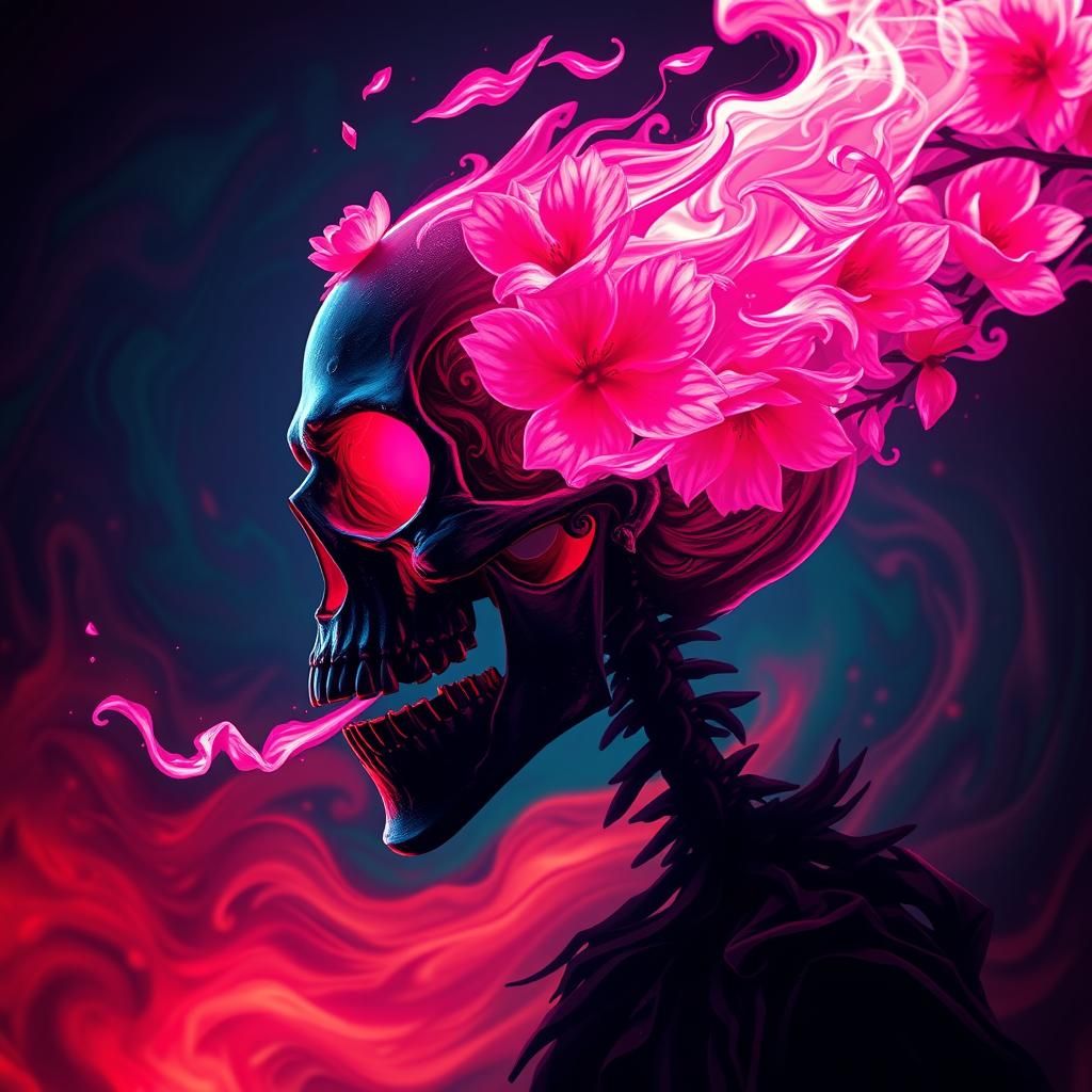 Cherry Blossom Skull Screaming Fire in Zombiecore Horror Art