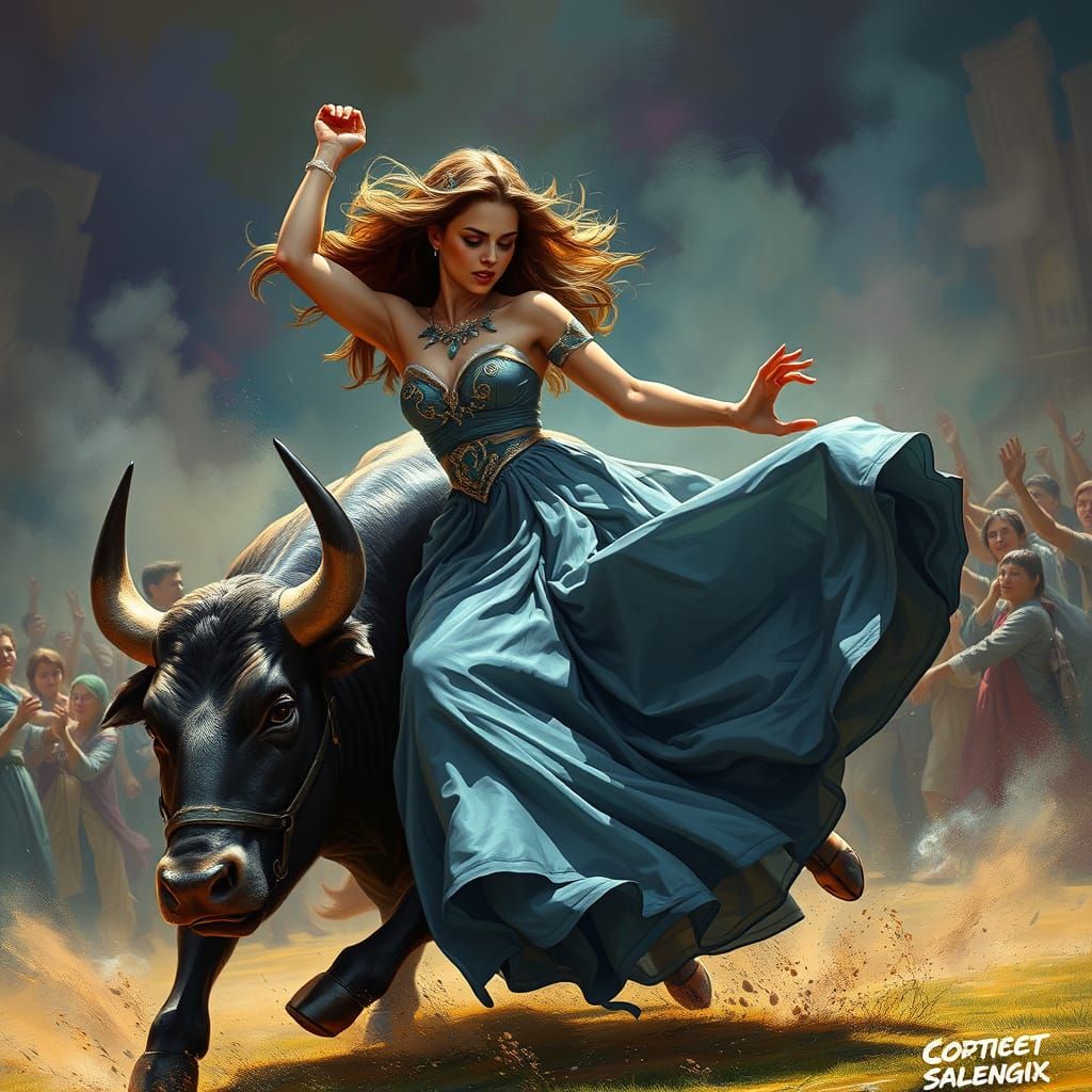 Elegant Woman Tossed by a Raging Bull in a Hyperrealistic Sc...
