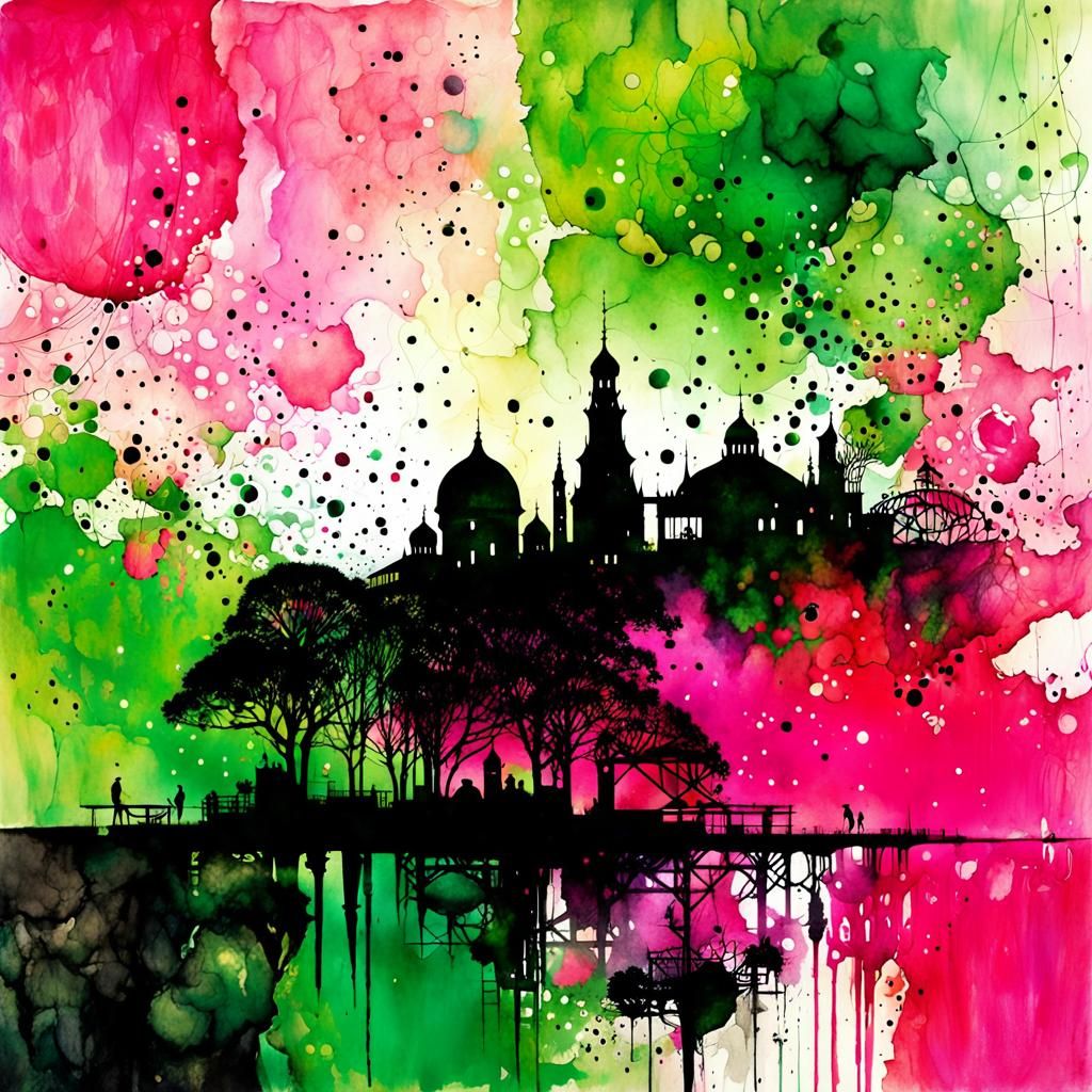 Pink and Green Stylized Watercolor Art
