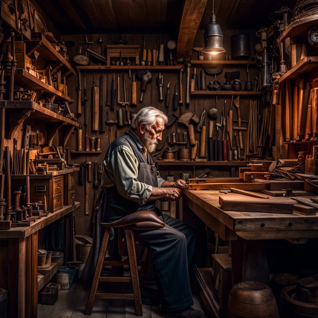 Hyperrealistic Old Carpenter in Atmospheric Shop