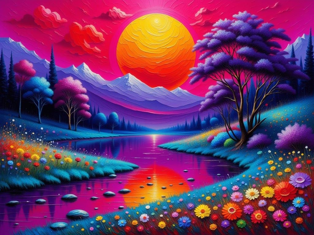 Vibrant River Reflects Crimson Sky as Impasto Painting