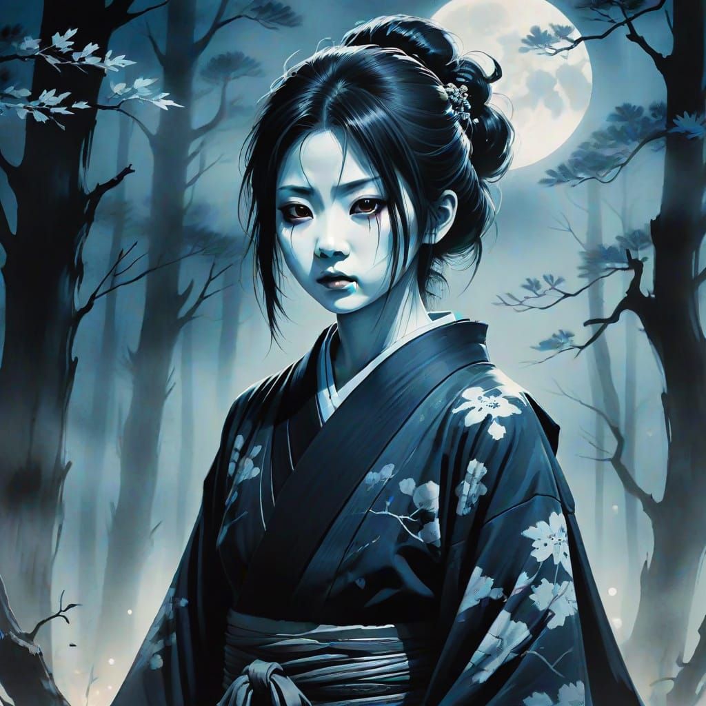 Eerie Onryo in Dark Forest: Ink Wash Painting