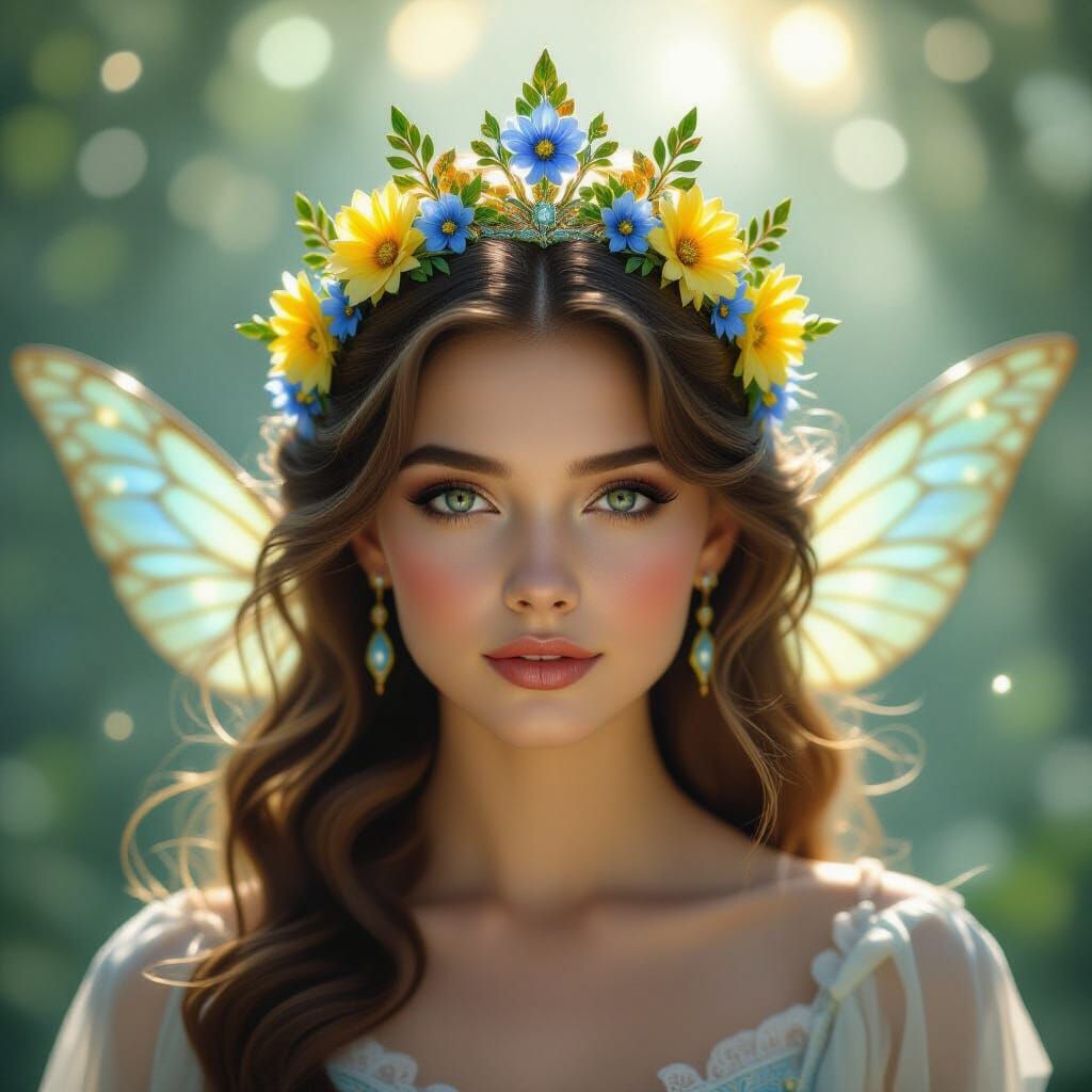 Ethereal Fairy Queen with Floral Crown in Mystical Fog