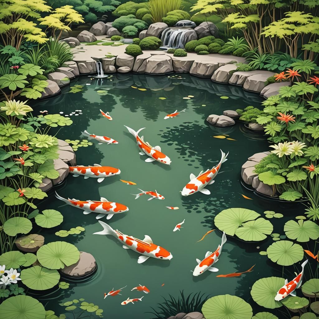 Japanese Garden with Koi Pond in Silk Screen Style