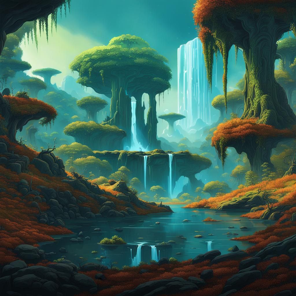 Sci-Fi Waterfall Landscape in Roger Dean Style