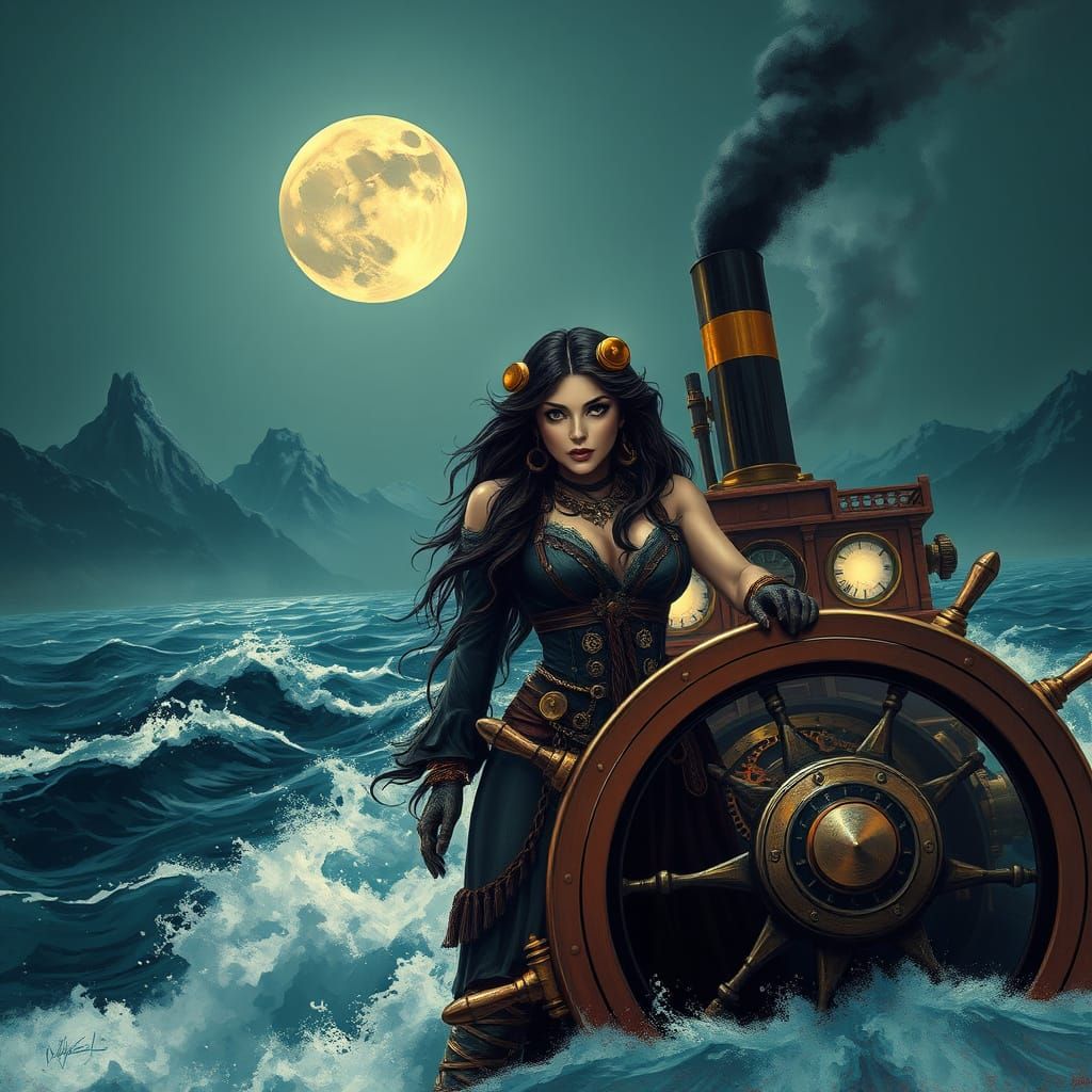 Steampunk Woman at the Helm of a Majestic Steamboat