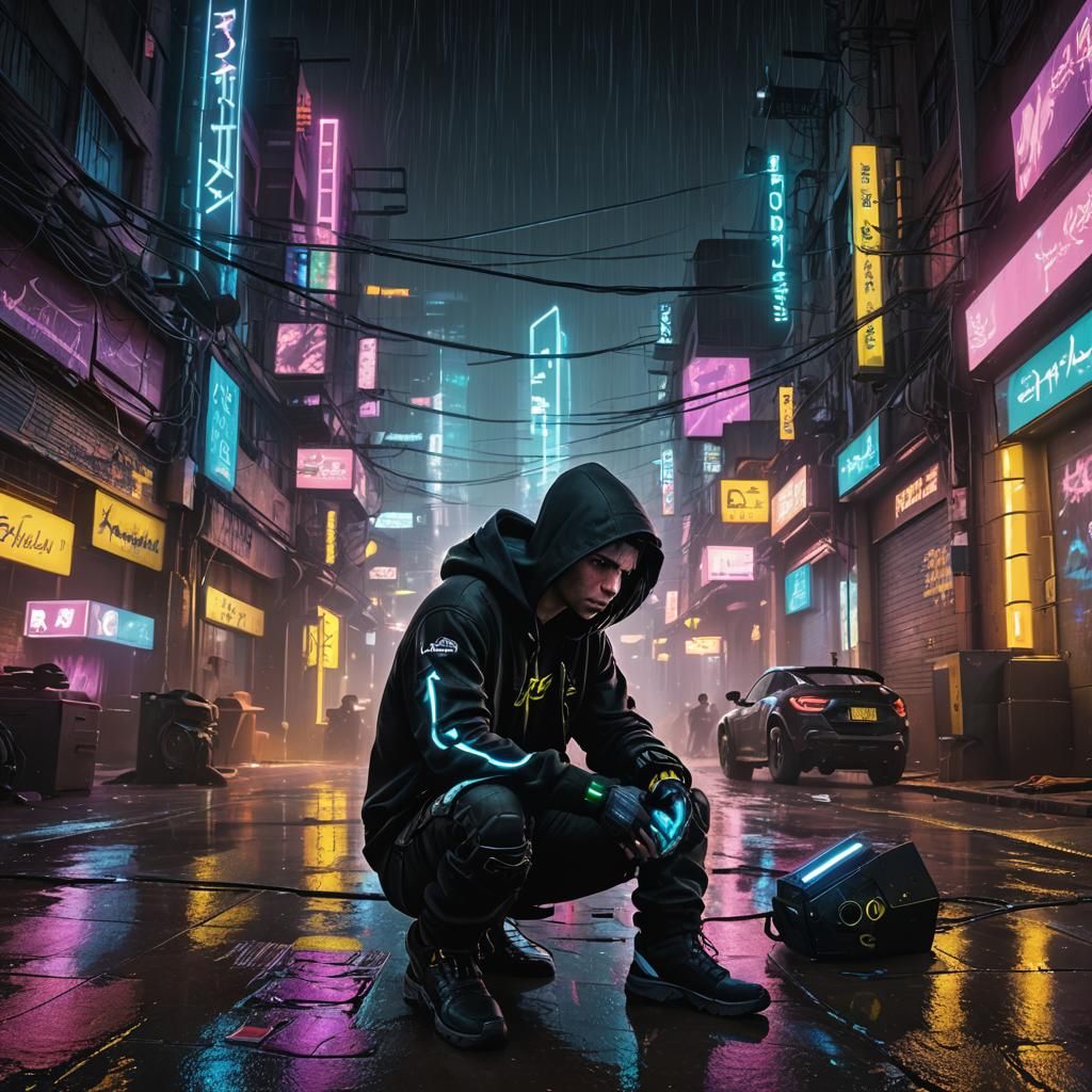 Cyberpunk Gamer in Neon City Alleyway