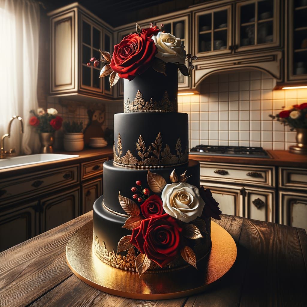 Elegant Black Wedding Cake with Gold and Roses