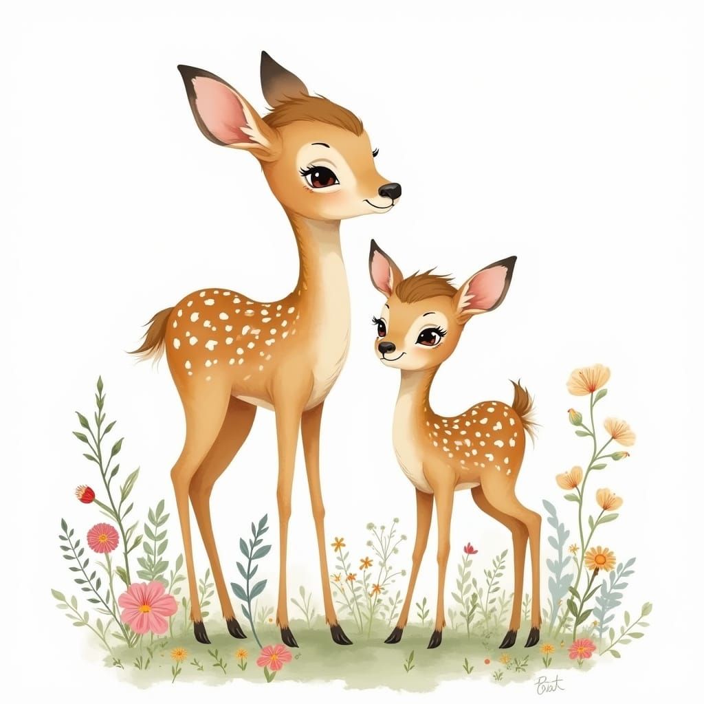 Minimalist Watercolour Doe and Fawn in Spring