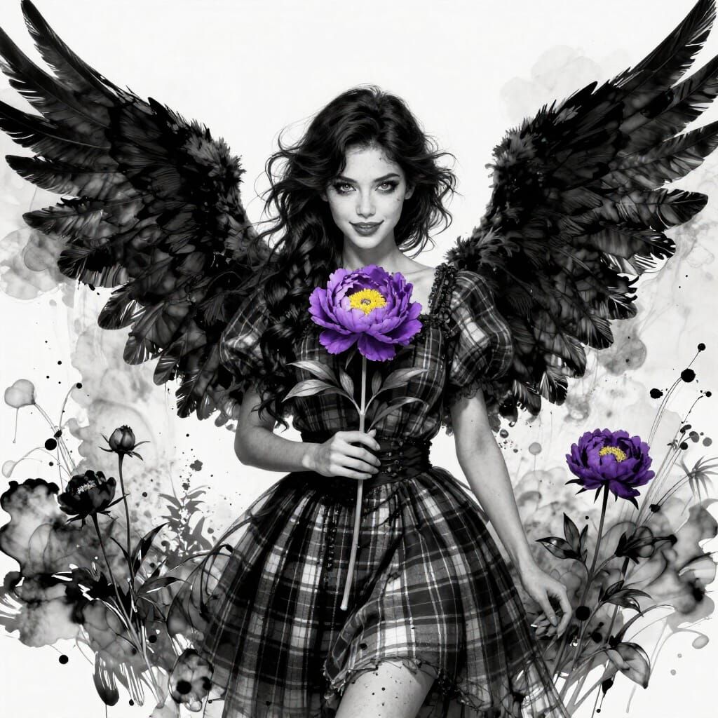 Dark Angel in Garden with Peony, Alcohol Ink Style