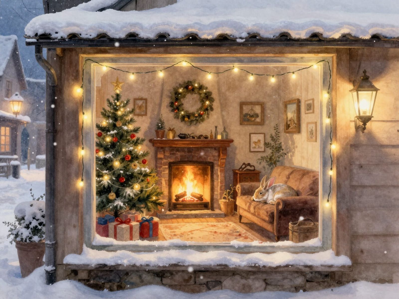 Cozy Christmas Cottage Scene with Sleeping Rabbit