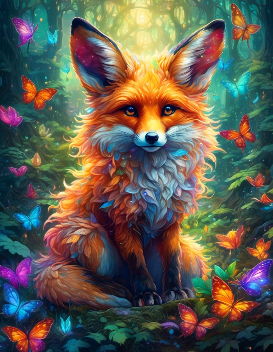 Shy Fox in Enchanted Forest, Holographic Illustration