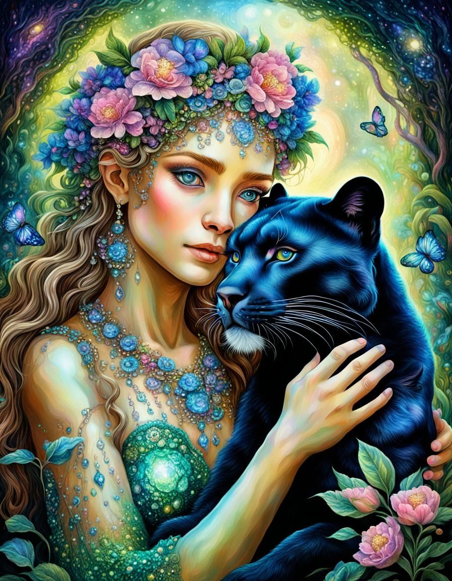Dryad Embraces Panther Cub in Mystic Garden