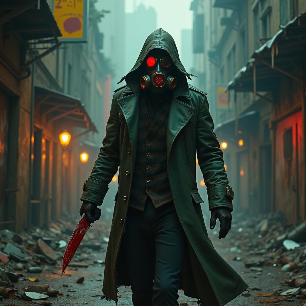 Ominous Killer in Ruined Cityscape