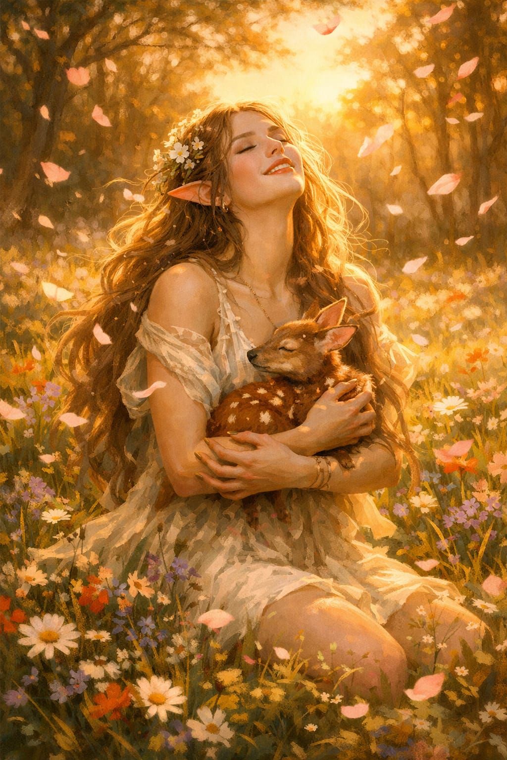 Ethereal Nymph in Sunlit Field with Fawn
