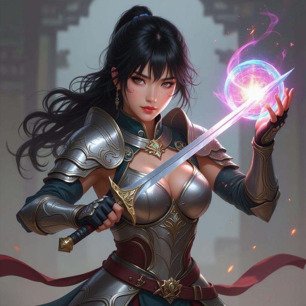 Warrior Mage in Fantasy Armor with Arcane Orb