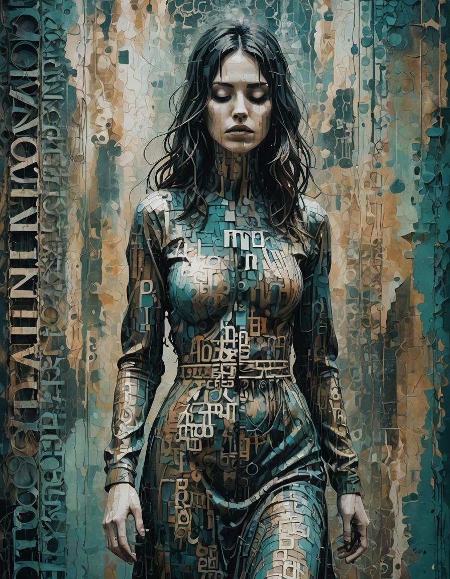 Melancholic Woman Dissolving into Byzantine-Industrial Wall