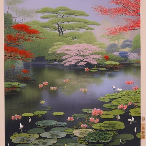 Tranquil Garden with Koi Pond in Impressionistic Style