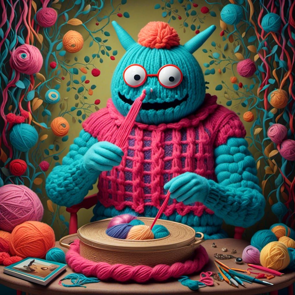 Yarn Monster Knitting Sweater in Pop Surrealism
