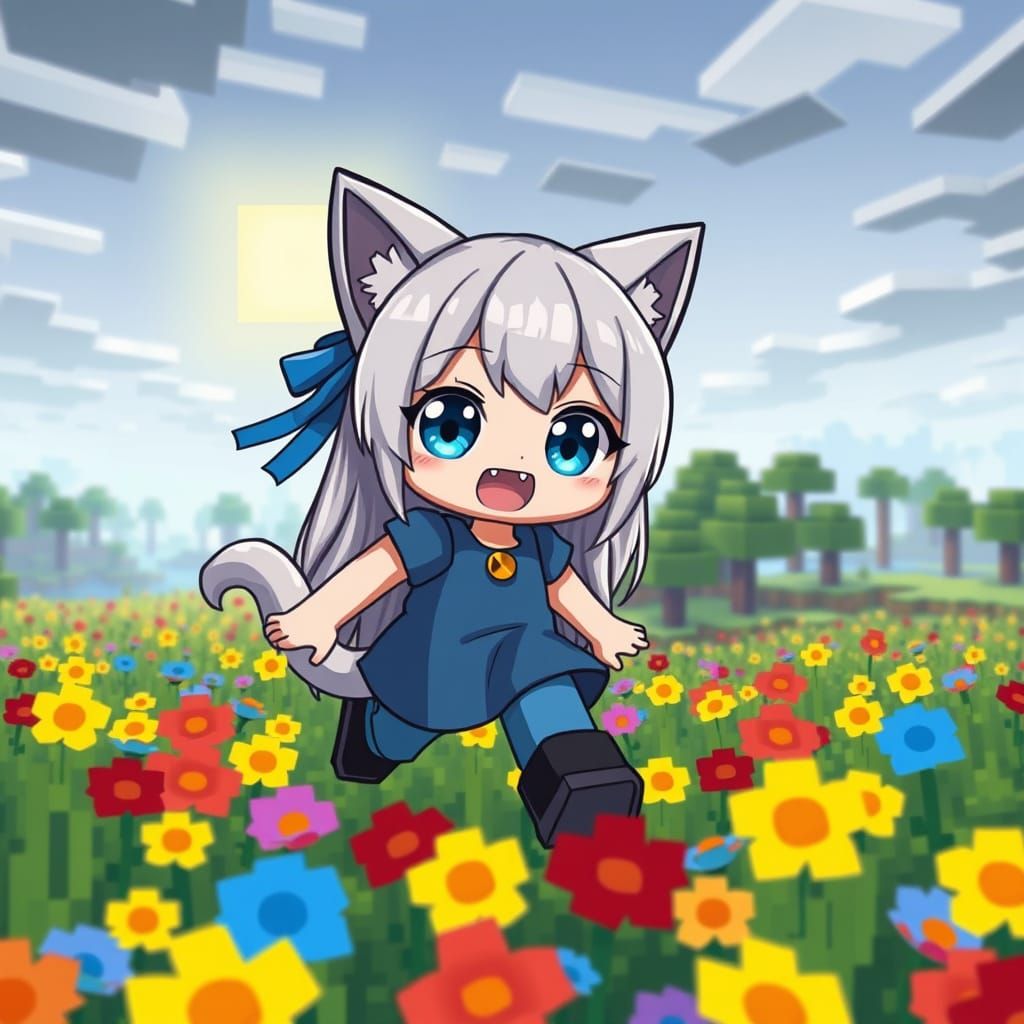Adorable Catgirl Exploring a Colorful Minecraft World