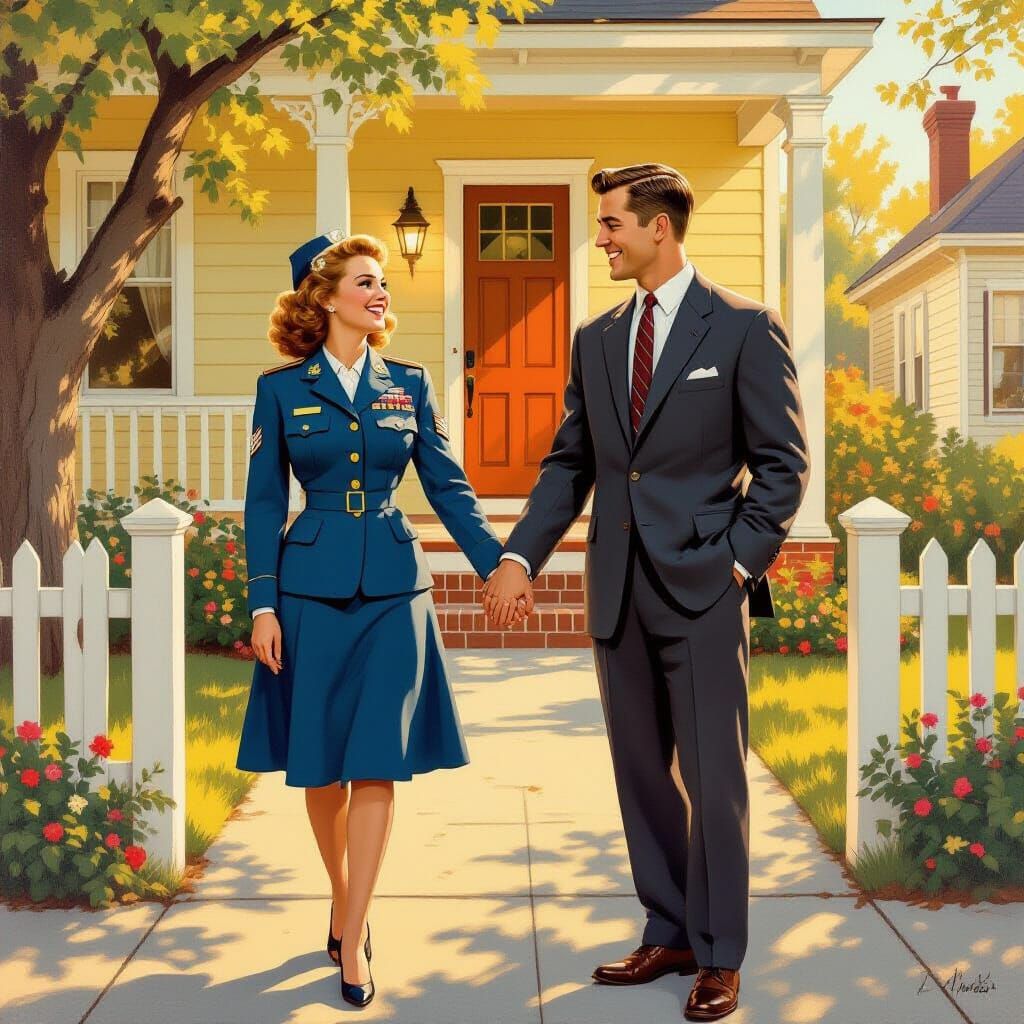 1950s Couple in Uniform and Suit, Oil Painting Style