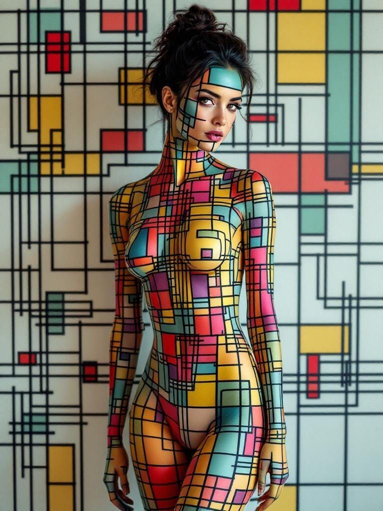 Hyperlucent Woman Posing with Geometric Body Art