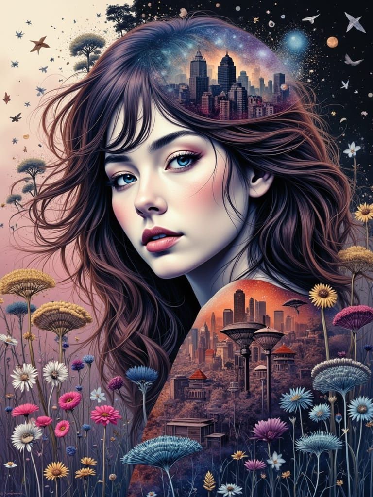 Galactic Woman in Maximalist Cityscape