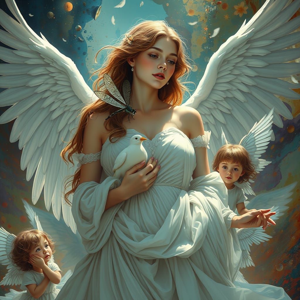Angelic Woman with Children in Hyperrealistic Style