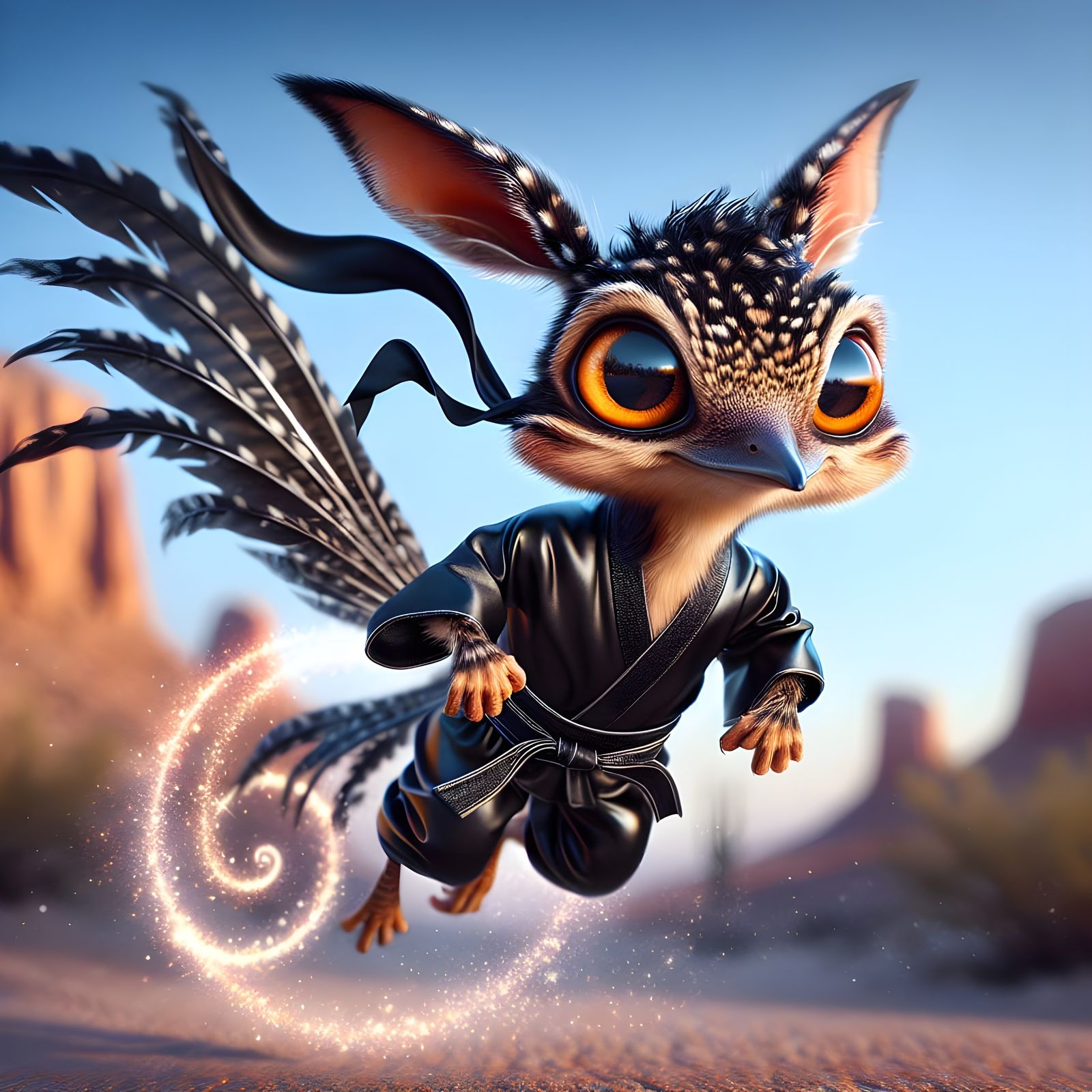 Roadrunner Ninja Hybrid Leaping in Desert Landscape