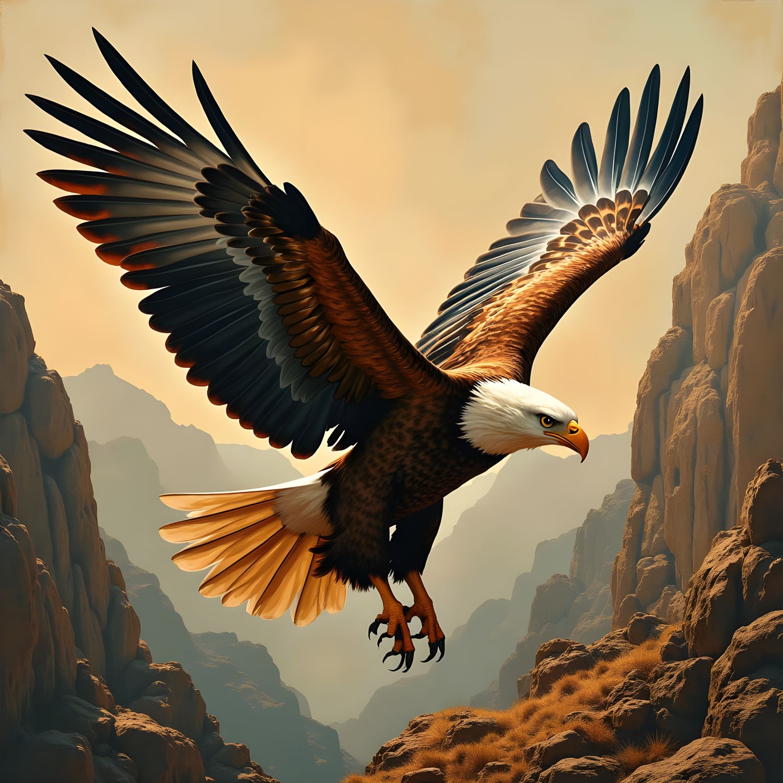Majestic Eagle Soars Over Golden Mountains in Rustic Collage