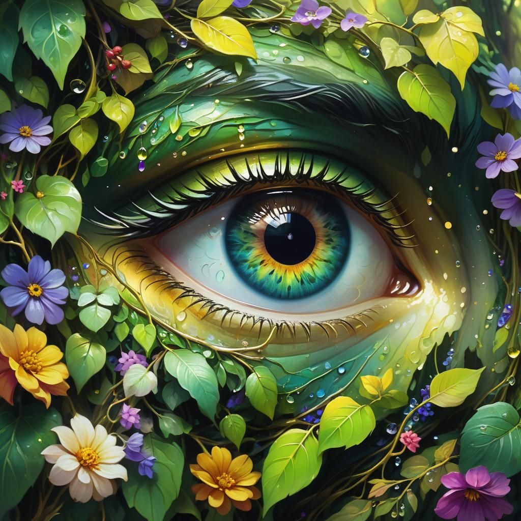 Mystical Eye in Forest, Vibrant Oil Painting
