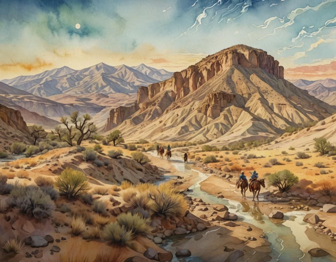 Cowboys in Tabernas Desert: Vibrant Watercolor Painting