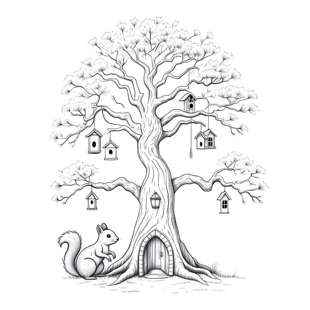 Ancient Bonsai Tree with Birdhouses in High Contrast