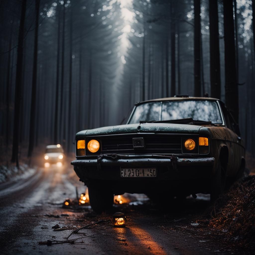 Deer Accident in Dark Forest, Realistic Night Photo