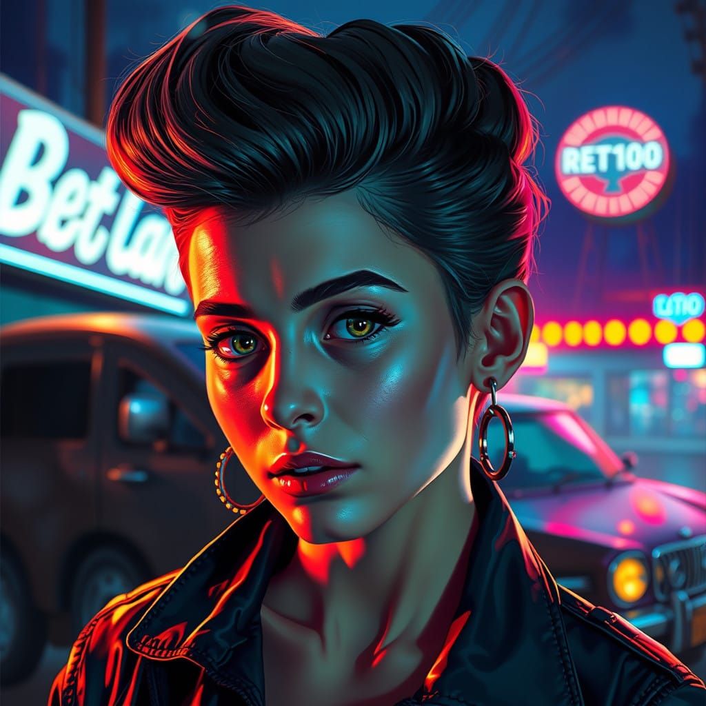 Cyberpunk Greaser Girl in Neon Junkyard