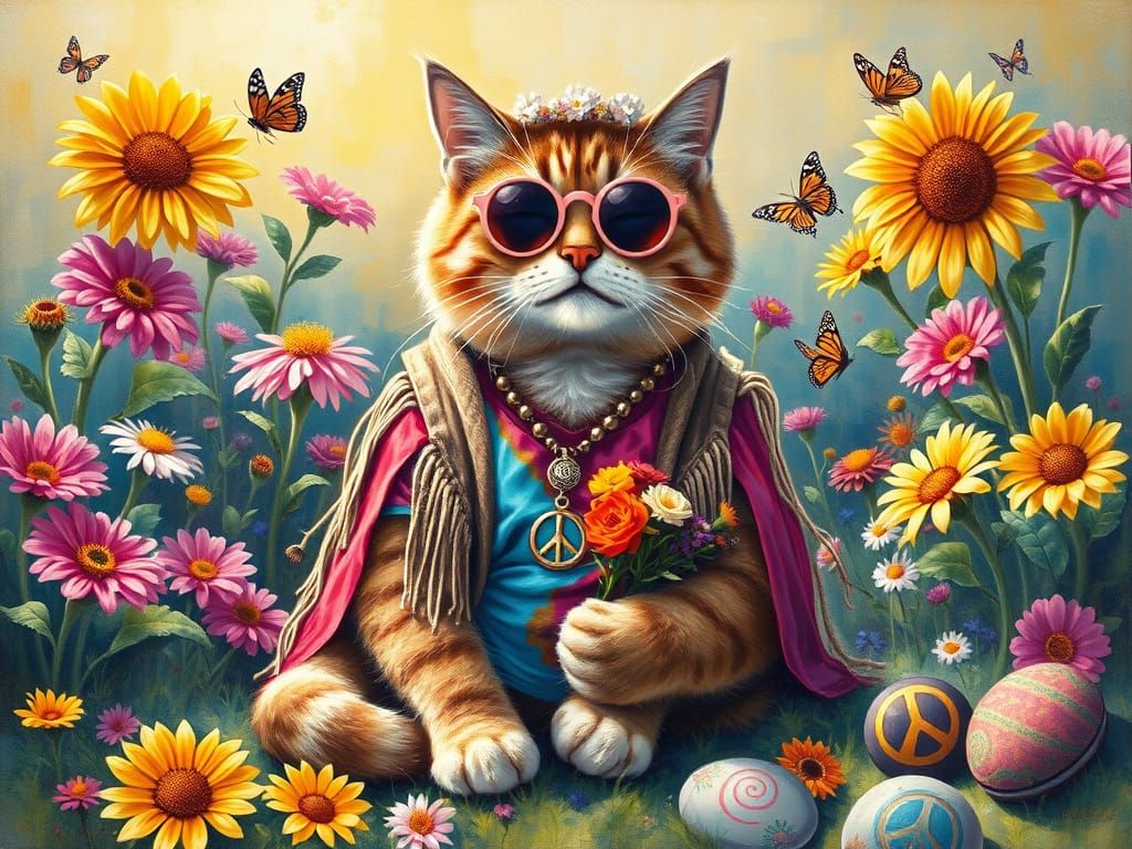 Hippie Cat Portrait in 1960s Flower Garden
