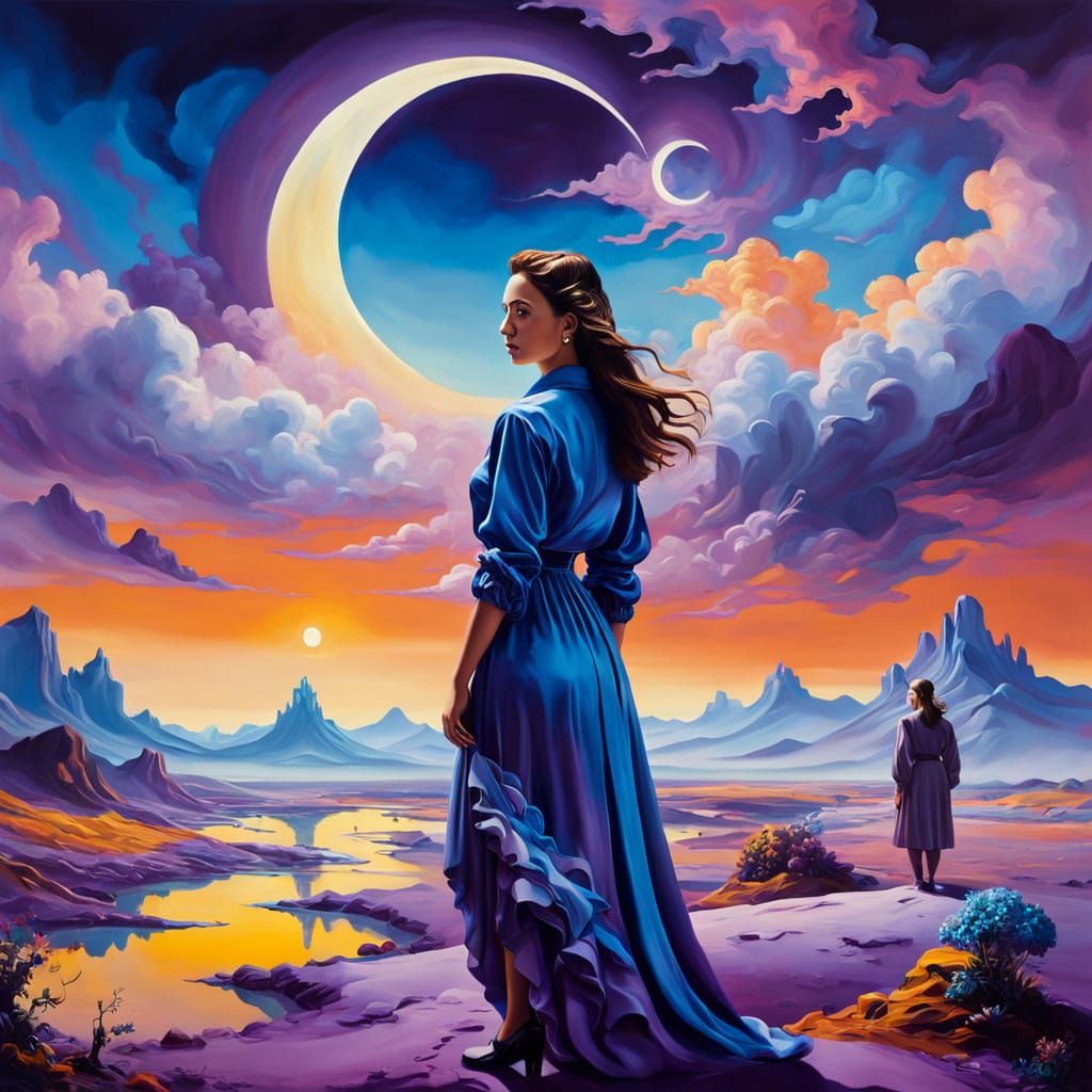 Surreal Oil Painting of a Woman in a Dreamlike Landscape